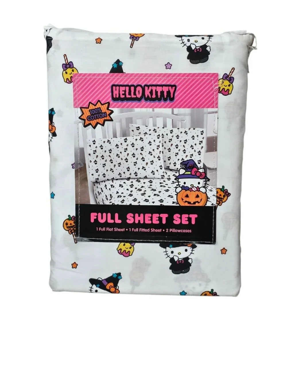 Sanrio Hello Kitty Halloween Witch Pumpkin Cats Cotton Full Sheet Set 4PC New
